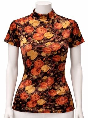 Vintage Jonden, Velour brown floral mock neck top size 2X stretch blouse NWT